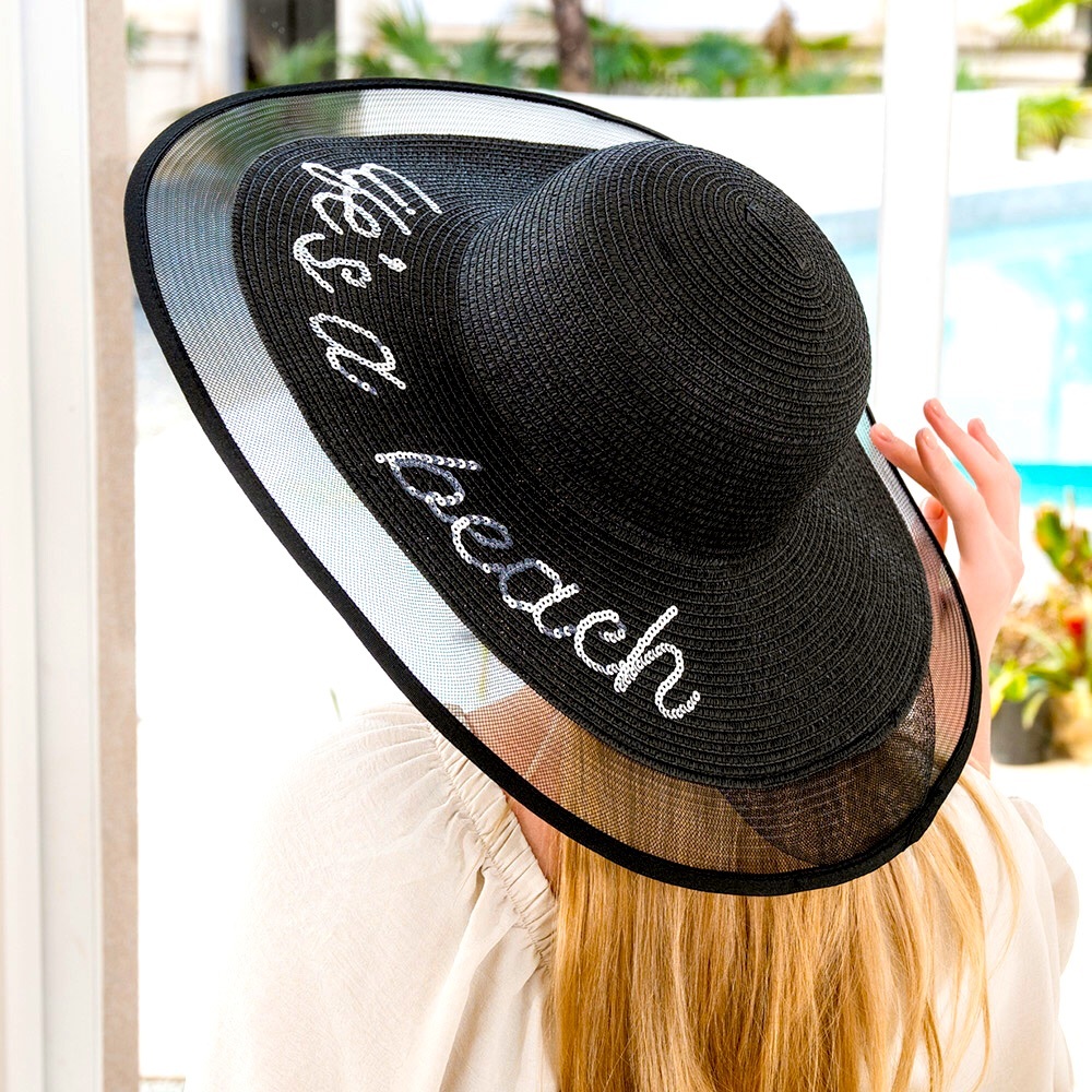 Black “ Life is a Beach” Mesh Brim Straw Sun Hat